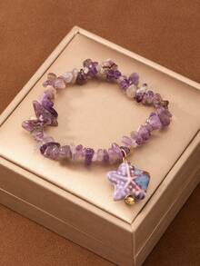 1 pieza Pulsera con colgante de estrella de mar de cerámica con cuentas de amatista natural, estilo resort de playa, verano