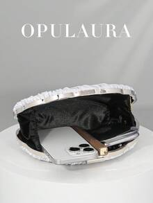 OpulAura 女士优雅/奢华褶皱缎面盒状手拿包，浪漫婚礼手提包，别致礼服钱包，简约杏色盒状包，配有可拆卸链条，适合作为节日礼物 - 銀色 - 查看 7