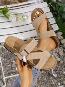 2025年夏季新款大码扣环厚底时尚一脚蹬厚软木底沙滩凉鞋女士防滑休闲