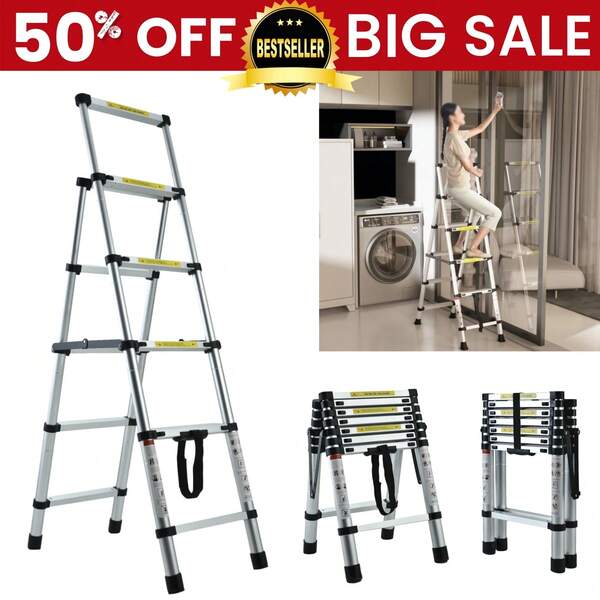 AutoFu Foldable 4+5/5+6/6+7 Steps Multi-Purpose A-Frame Telescopic Step Ladder, With Non-Slip Feet, Portable Extension Ladder Adjustable Lightweight Folding Ladder For Home Or RV Work, 330lb Load Capacity