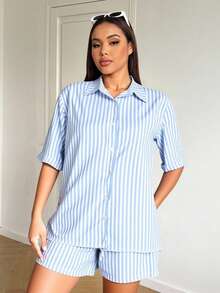 Conjunto camisa larga short corto holgados rayado set blusa rayas verticales - Azul - Ver 3