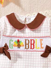 Conjunto de fiesta de Acción de Gracias para bebé niña con body de manga larga con cuello Peter Pan, bordado con eslogan y holgado