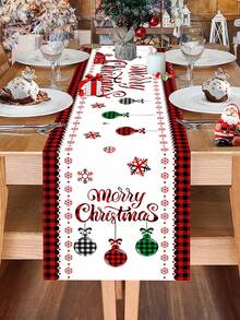 1pc Red And Black Checkered Border With Tree Balls Pattern Polyester Christmas Table Runner, 35*180cm, Christmas Table Cloth Table Runner Decor Perfect For Christmas Decor Home, Christmas Party, Christmas Party Decor, Merry Christmas Decorations 2026, Xmas Decorations Holiday, Christmas Stuff, Party Decoration Supplies, Family Holiday
