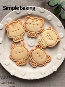 1 件卡通动物图案饼干模具，亲子糖霜饼干工具，开学季便当用品，可爱小动物图案（小猪、小老鼠、小熊、小松鼠、小兔子、小老虎、小猫、小柴犬、小狮子）饼干印章，一个饼干切刀，一个甜点模具。饼干角色。厨房糕点制作工具 - 白色 - 查看 4