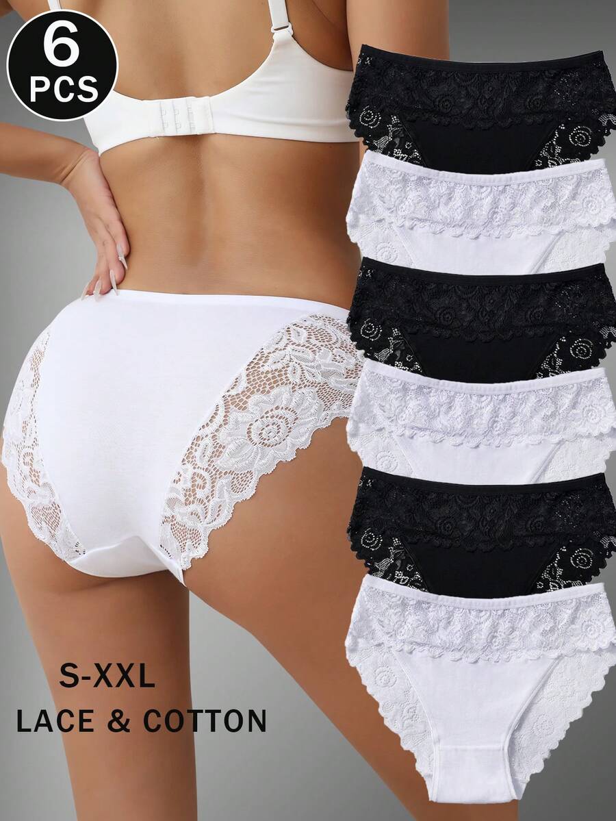 6件套优雅纯色棉质内裤舒适款式蕾丝边女式三角裤 - 黑與白 - 查看 1