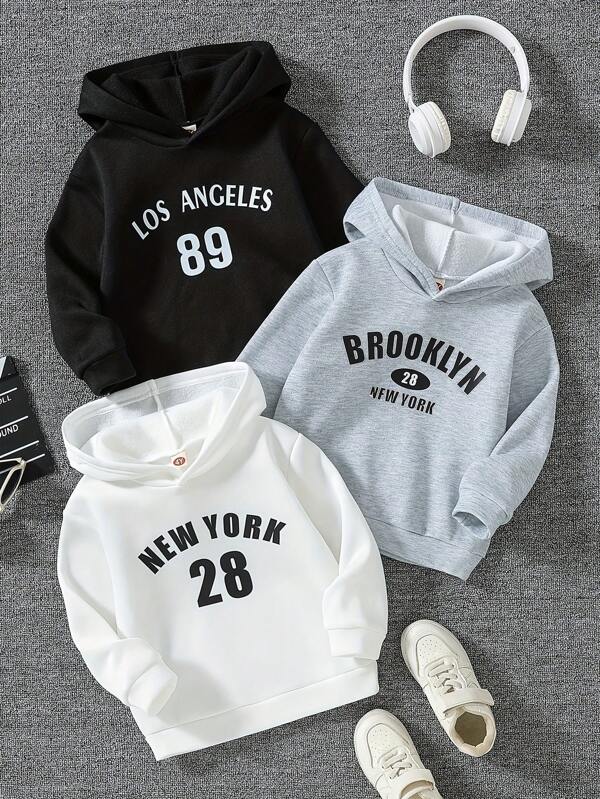 3pcs/Set Boys' Casual Autumn/Winter Letter & Number Print Hooded Sweatshirts, Warm & Fashionable