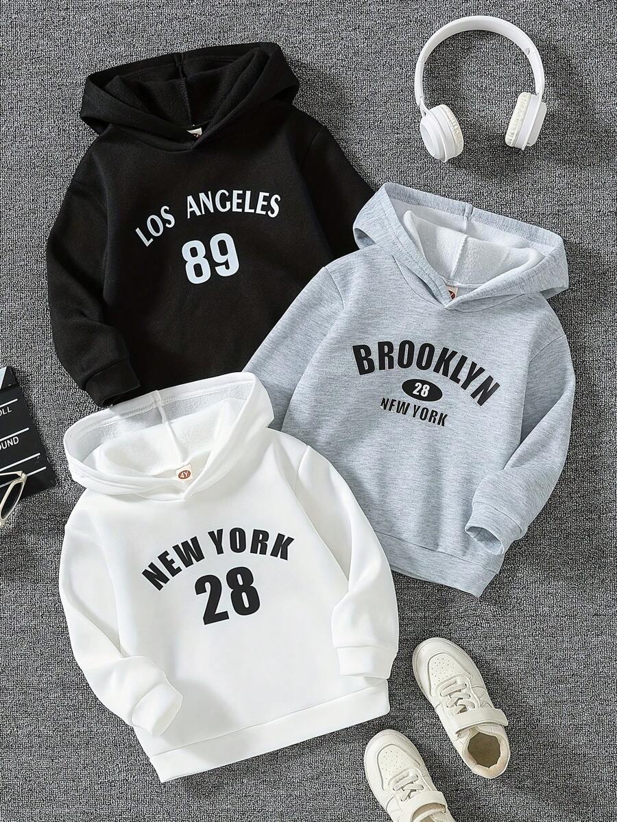 3pcs/Set Boys' Casual Autumn/Winter Letter & Number Print Hooded Sweatshirts, Warm & Fashionable