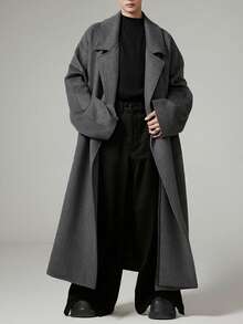 Men's Long Sleeve Casual/Business Solid Color Belted Trench Coat, Autumn/Winter - Dark Grey - View 2