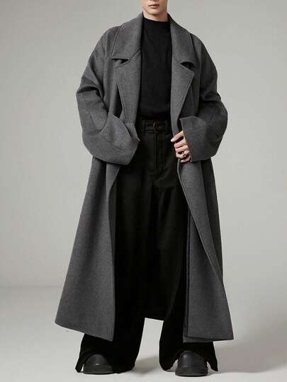 Men's Long Sleeve Casual/Business Solid Color Belted Trench Coat, Autumn/Winter