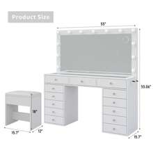 FUSOU 13 Drawers Vanity Desk, Makeup Vanity With Power Outlet, Vanity Table With Mirror And 13 LED Bulbs, 3 Color Lighting Modes, Glass Top, Dressing Table For Bedroom