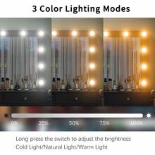 FUSOU 13 Drawers Vanity Desk, Makeup Vanity With Power Outlet, Vanity Table With Mirror And 13 LED Bulbs, 3 Color Lighting Modes, Glass Top, Dressing Table For Bedroom - 查看 6