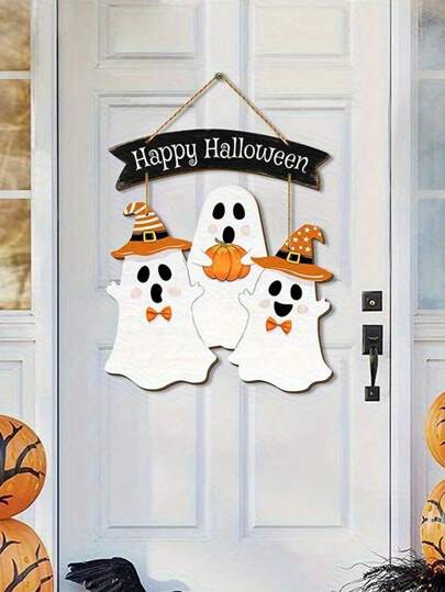 1PC Halloween Ghost Door Sign BOO Decoration Happy Wooden Ghost Hanging Sign Front Door Hook With Costume Ghost And Pumpkin Design For Halloween Party Home And Party Decoration