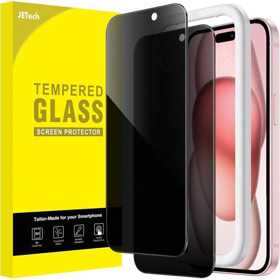JETech Protector Pantalla de Privacidad para 15 Pro 6.1 Pulgadas, Antiespia Mica Cristal Vidrio Templado con Marco de Instalación Fácil, 2 Unidades - iPhone 15 - Ver 1