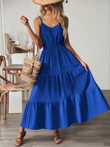 Vestido Liso Para Mujer Con Tirantes,Vestido Con Cintura Fruncida Y Elástico, Vestido Largo Con Ribete Fruncido - Azul - Ver 1