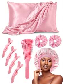 9件套缎面睡眠套装 | 比丝绸更柔软的枕套和眼罩套装 - 包括1个缎面枕套、1个缎面睡帽、2个缎面发圈、4个发夹和1把头发柔顺梳 - 彩色 - 查看 11