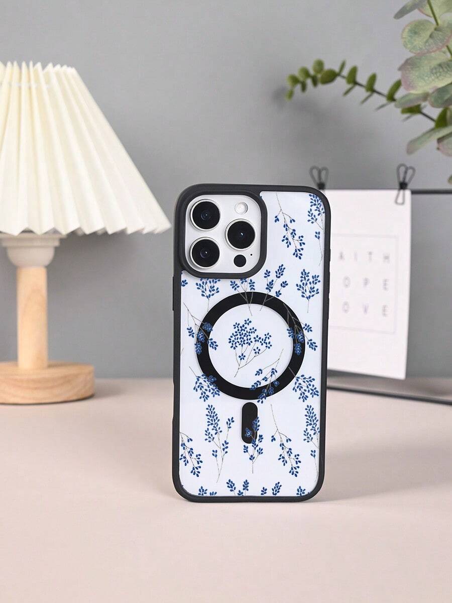 GALLAPLE Blue & White Botanical Print Magnetic Phone Case, Minimalist Scandinavian Inspired,Durable And Dirt-Resistant Material With Wireless Charging Design,Compatible With IphoneX/XS/XSMAX/11/11pro/11promax/12/12pro/12promax/13/13pro/13promax/14/14plus/14pro/14promax/15/15plus/15pro/15promax/16/16plus/16pro/16promax - 黑色 - 查看 1