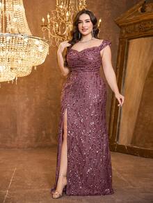 [随机印花] UNITHORSE Plus 女士抹胸褶饰胸背带设计飘逸开衩优雅晚礼服 - 中紫紅色 - 查看 6