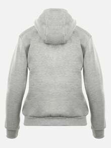 女式纯色长袖拉链前口袋抽绳连帽运动衫 - 灰色 - 查看 7