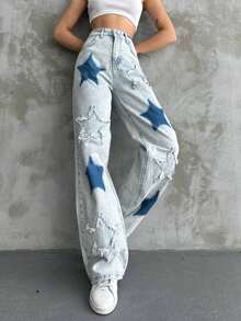 Women's Casual Fashion Pocket Zipper Button Wide Leg Jeans - Mint Blue - View 4
