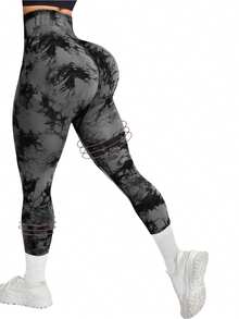 2 Pack Tie Dye High Waist Workout Leggings Sets For Women, Gym Pants, Yoga, Scrunch Butt, Butt Lifting Seamless Leggings - Black+Gray - 查看 4