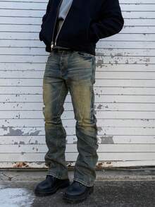 Jeans pitillo de hombre estilo coreano en color amarillo mostaza desgastado, con pierna entallada y roturas, que transmite un estilo de calle veraniega - Bronce - Ver 3