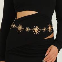 1pc Style Metallic Gold Waist Chain For Women, Retro Sunflower Metal Chain With Tassel Floral Decor Fall, Autumn, Halloween - Gold - View 10