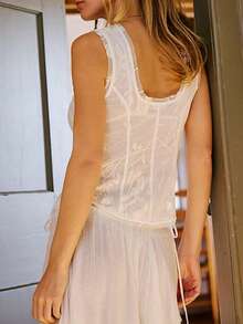 Lace Trim Tie Front Tank Tops For Women Cute Beach Sheer Ruffle Flowy Crop Blouse Boho Button Up Eyelet Cami Shirts - 白色 - 查看 2