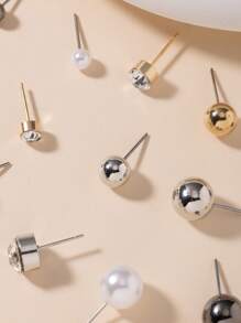 30Pairs/Set Minimalist Round Faux Pearl & Rhinestone Stud Earrings, Stylish Cute Assorted Sizes & Designs, Perfect Holiday Gift For Women, Everyday Casual Wear