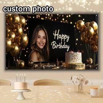 1 pieza Pancarta de cumpleaños personalizada, foto personalizada, patrón de globos negro y dorado, decoración para la puerta principal/porche, decoración interior/exterior para celebración y fiesta, disponible en múltiples tamaños