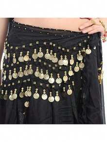 Performance Dance Hip Accessory With Dangling Coins, Belly Dance Scarf - Black - View 4