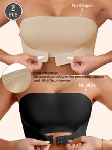 2件装女士前扣无肩带聚拢文胸 - 婚纱新娘内衣抹胸，性感无钢圈抹胸，带可调节松紧带，无缝隐形文胸，舒适透气黑色内衣 - 彩色 - 查看 1