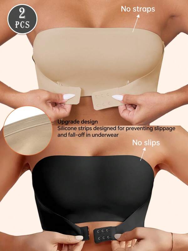 2pcs Women's Front Hook Strapless Push Up Bra - Wedding Bridal Lingerie Bandeau, Sexy Wireless Tube Top With Adjustable Rubber Strips, Comfortable Breathable Black Intimates