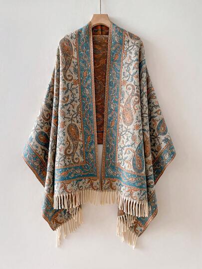 1条佩斯利花纹加厚保暖围巾，带流苏，波西米亚风格披肩，百搭优雅，适合日常穿着和连衣裙。