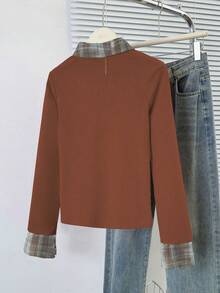 女士二合一格子拼接 Polo 领长袖拉绒修身打底衬衫