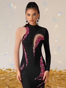 Love Aing Women's Handmade Rhinestone & Colorful Diamond Mesh Splice Slit Contrast Color Elegant Sexy Fitted Cocktail Party Dress, Suitable For Wedding Guest