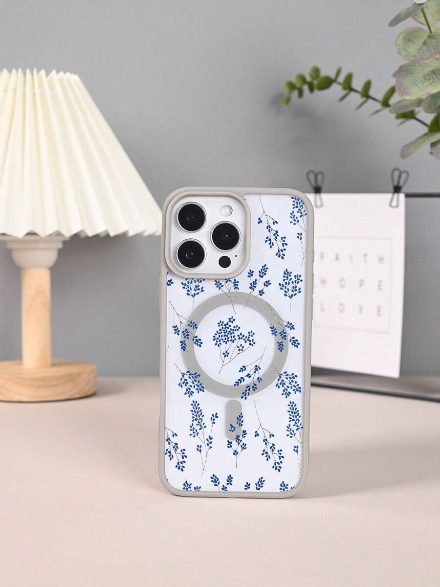GALLAPLE Blue & White Botanical Print Magnetic Phone Case, Minimalist Scandinavian Inspired,Durable And Dirt-Resistant Material With Wireless Charging Design,Compatible With IphoneX/XS/XSMAX/11/11pro/11promax/12/12pro/12promax/13/13pro/13promax/14/14plus/14pro/14promax/15/15plus/15pro/15promax/16/16plus/16pro/16promax - 淺灰色 - 查看 1