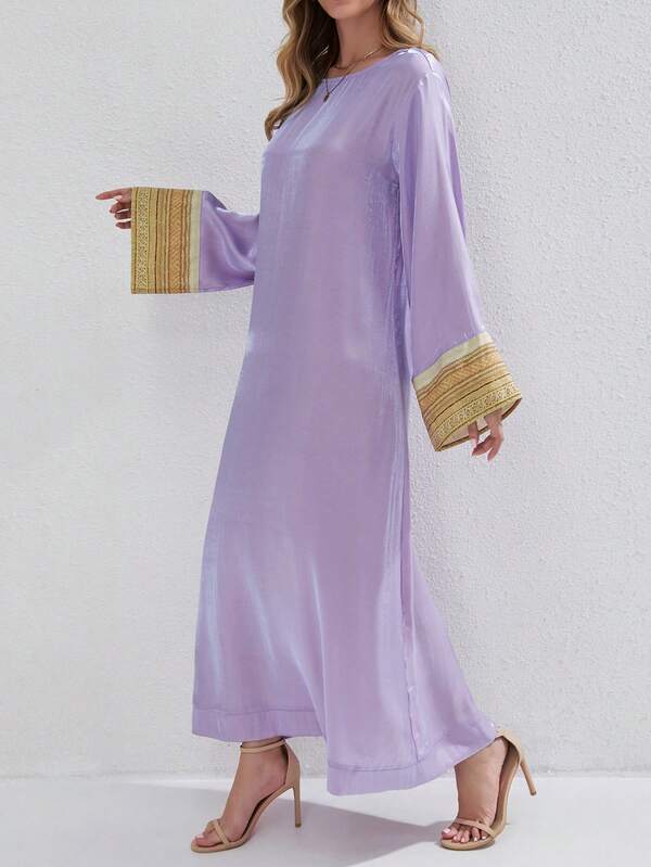 Robe à manches longues et col rond style arabe avec patchwork scintillant, pour mariage