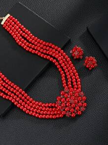 Juego de 3 piezas de collar, pendientes y joyas con flores y perlas falsas para bodas, cena y accesorios nupciales