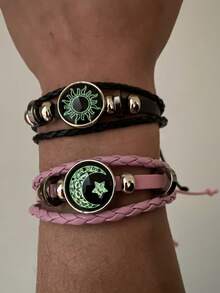 2-delat armbandset med sol och måne som lyser i mörkret, mångsidigt för vardagsbruk, present till vänner - Rosa + Svart - Visa 3