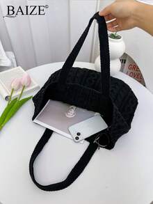 ENBEI Women's Large Capacity Hollow Handbag, Hollow Tote Bag, Shoulder Bag, Beach Wallet, Perfect For Summer, Vacation And Daily Use, Travel Essentials, Holiday Essentials,Mother's Day Gift, Wallet Essentials, Teacher Gift, School Supplies, Beach Tote Bag Beige With Pockets - Black - View 4