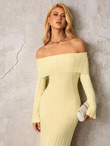 PARTHEA Off Shoulder Knit Solid Color Bodycon Off Shoulder Sweater Dress - Yellow - View 8