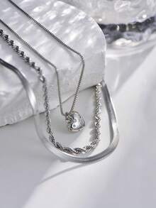 3pcs Luxury Twist Rope Chain Necklace Set With Heart Pendant, Suitable For Women To Wear In Summer Vacation - Silver - View 5