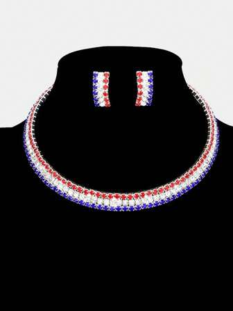 New Red, White, Blue Rhinestone Earrings Necklace Set With American Flag Design .Cross Border Earrings, European And American Style Exaggerated Red, Blue, White Rhinestone Earrings, Female Creative Design, Claw Chain Earrings