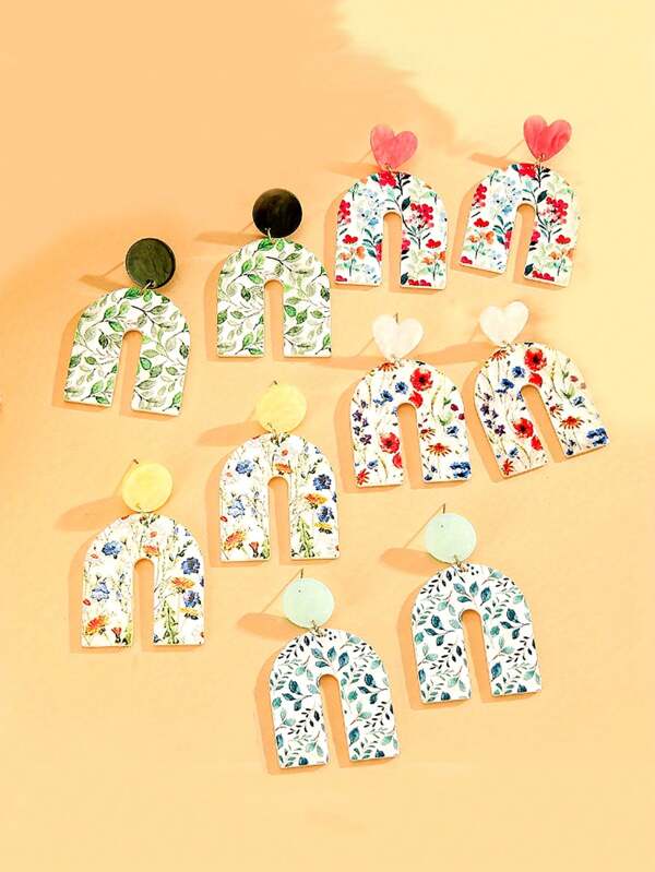 5 Pairs Fashion Geometric & Floral Acrylic Earrings For Women, Summer Vacation Style Contrast Color Flower Earrings