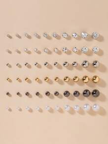 30Pairs/Set Minimalist Round Faux Pearl & Rhinestone Stud Earrings, Stylish Cute Assorted Sizes & Designs, Perfect Holiday Gift For Women, Everyday Casual Wear