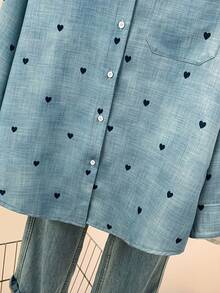 女式休闲基本款纯色心形印花 Polo 领长袖衬衫上衣带口袋，春夏秋季日常穿着 - 彩色 - 查看 8