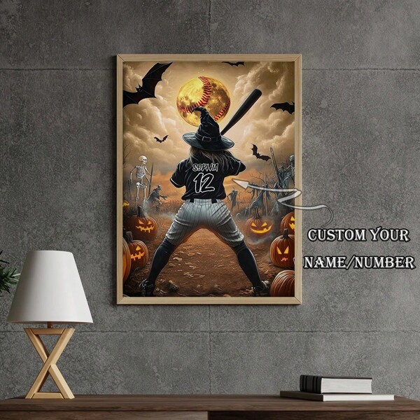 Quadro personalizzato su tela con motivo a strega softball, decoro da parete per la stagione degli spiriti, cartellone regalo di Ognissanti per amanti dello softball, ragazze dello softball, decorazione per casa, ufficio, festa - perfetta decorazione di Ognissanti, senza cornice