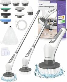 Cepillo Electrico para Baño Limpieza, [IPX8 Resistente al Agua] Cepillo Giratorio para Baño sin Cable con 9 Cabezas de Cepillo Reemplazables, Larga Duración, Mango Ajustable para Tina, Piso - Gris - Ver 13