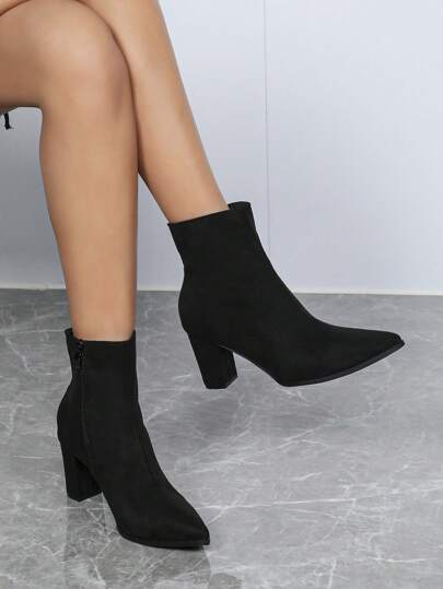 Women's Fashion Pointed Toe Chunky Heel Ankle Boots, Minimalist Design, Versatile, Comfortable, Warm And Elegant For Daily Wear In Winter