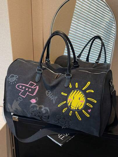 Thickened Canvas Cartoon Graffiti With Childlike Patterns, Wear-Resistant, Multi-Level, Large Capacity, Ultra Light, Foldable, Multifunctional, Zippered Shoulder Crossbody Handbag, Travel Bag, Luggage Bag Bag For School School Accessories School Stuff